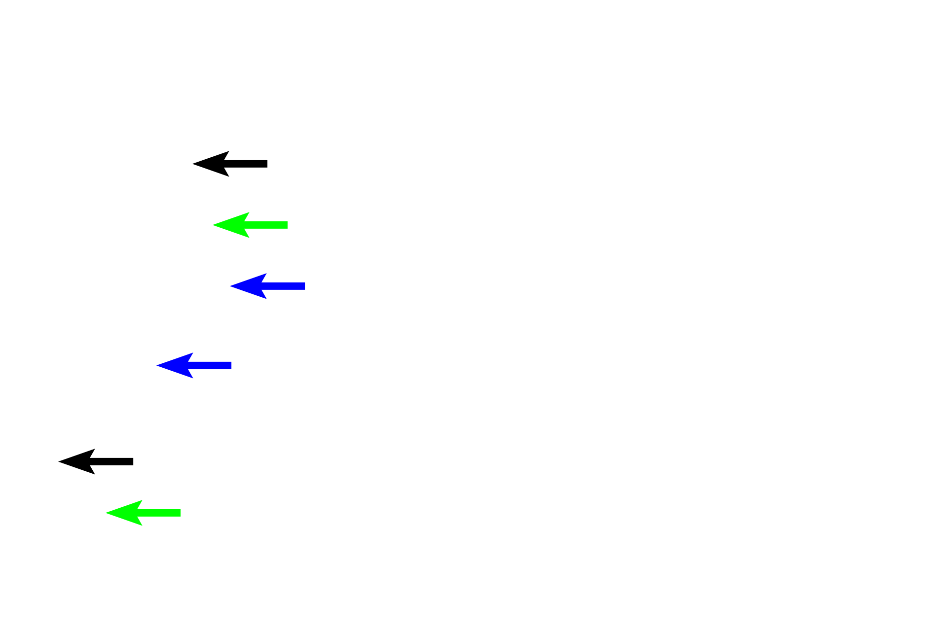 Dense connective tissue > <p>The left image is of dense irregular connective tissue. Collagen fiber bundles (black arrows) provide its strength and a few, scattered, flattened fibroblast nuclei (green arrows) are visible. The space between the fibers is filled with a thin, gelatinous ground substance (blue arrows), that provides minimal resistance to compression forces.</p>
