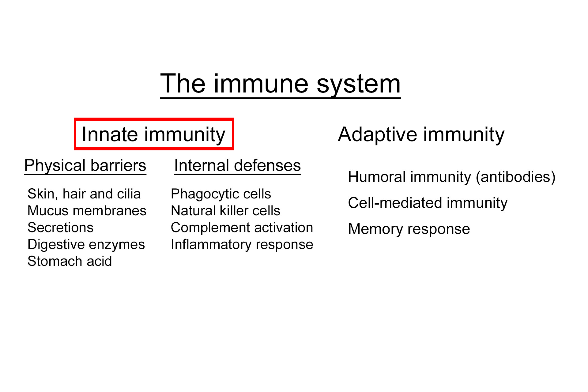  - Innate immunity >  <p>Innate immunity, the so-called “first line of defense”, consists of components that are present at birth as well as others that develop over the lifespan of an individual.  Responses of the innate immune system are rapid (minutes to hours) and less specific than those of the adaptive immune system, which can require weeks.  The innate system can also inform and modulate the adaptive immune response.</p>
