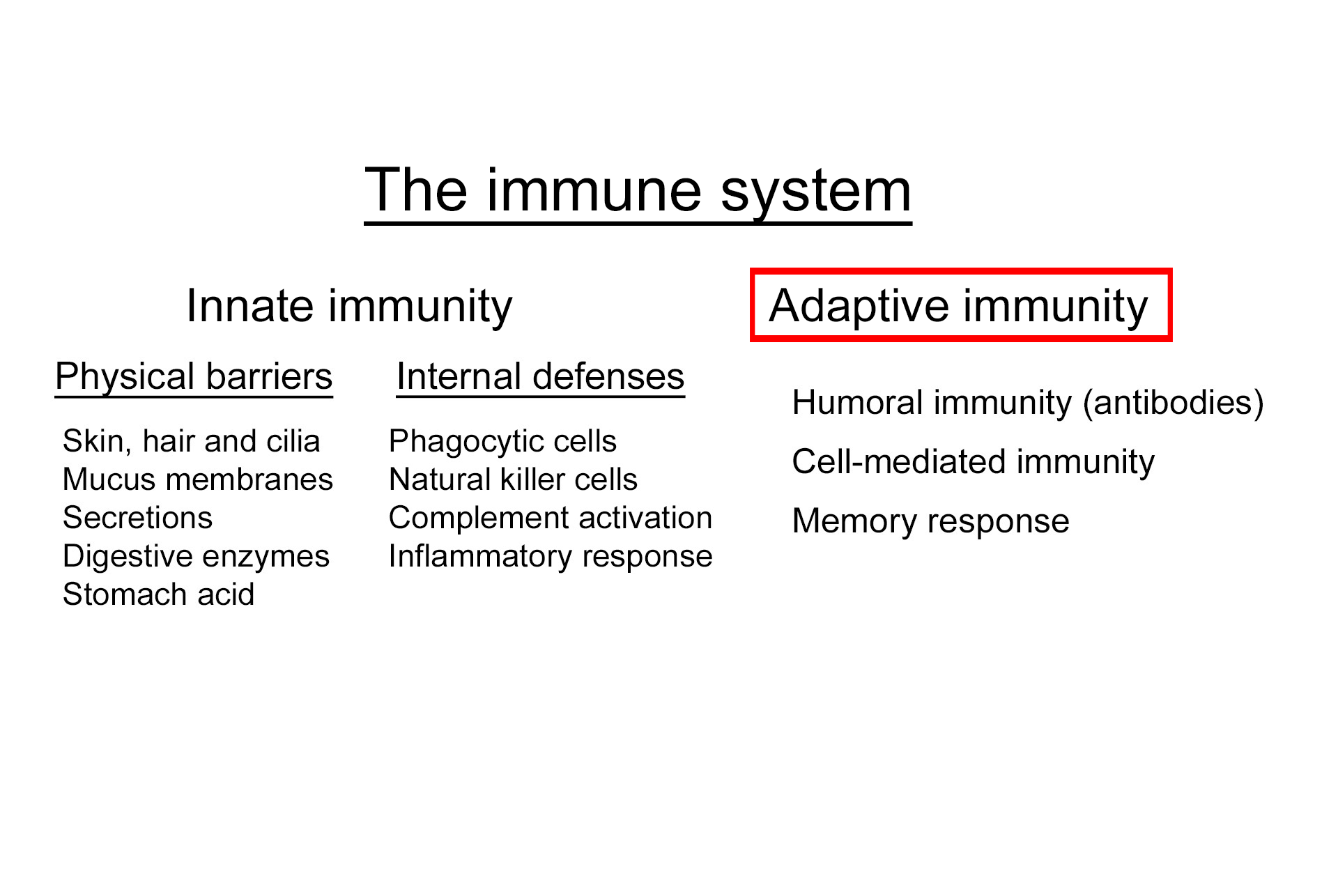  - Adaptive immunity > <p>Adaptive immunity takes longer to develop but is highly specific for a particular pathogen or toxin.  The presence of an antigen, defined as any substance capable of eliciting an adaptive immune response, leads to the activation of effector lymphocytes, B cells and T cells.  Adaptive immunity has two components, humoral and cell-mediated.</p>

